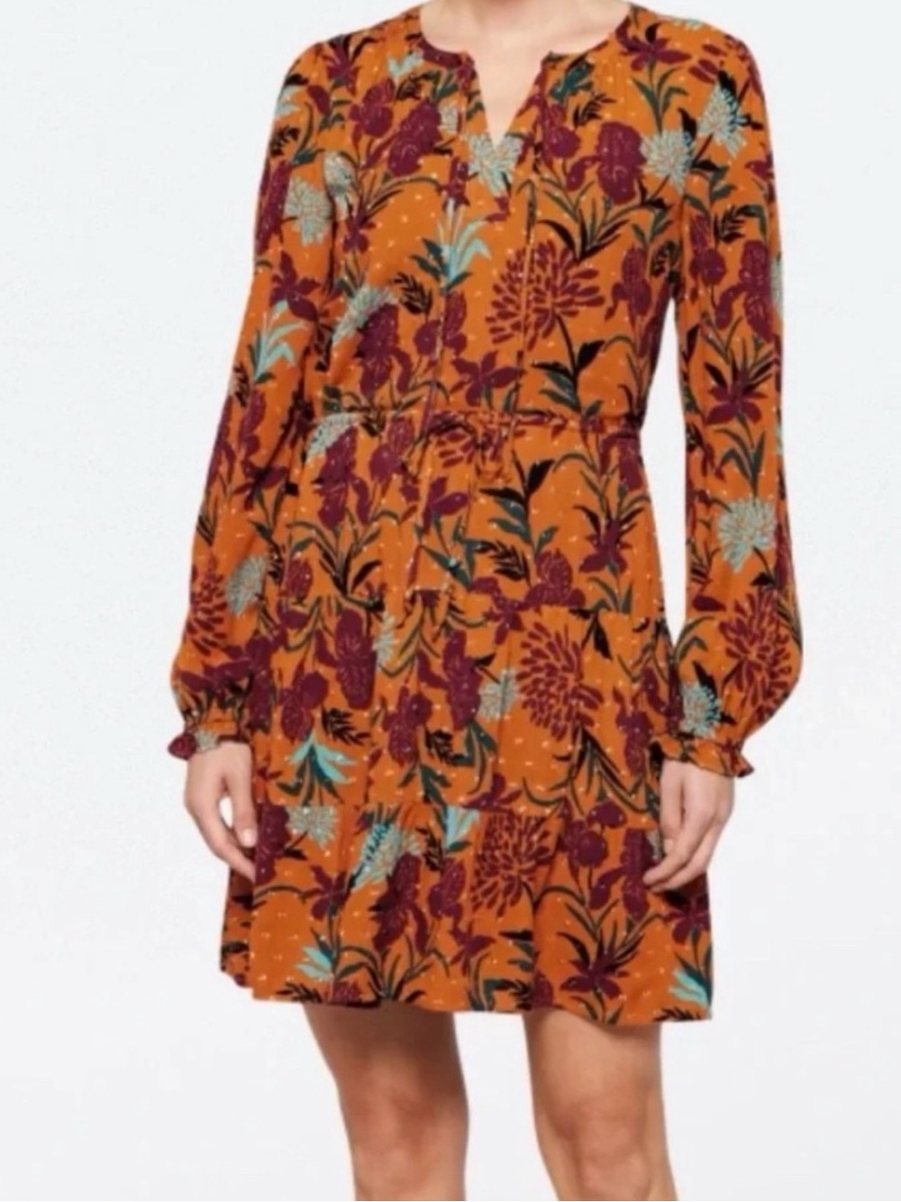 Daniel Rainn burnt orange Floral Mini Dress with Blue & Burgundy Blooms